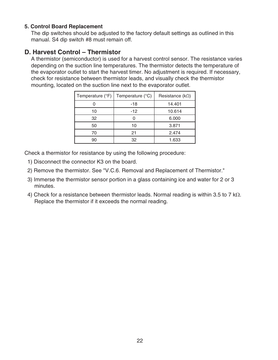 Control board replacement, D. harvest control – thermistor | Hoshizaki KMS-1400MLH User Manual | Page 22 / 56