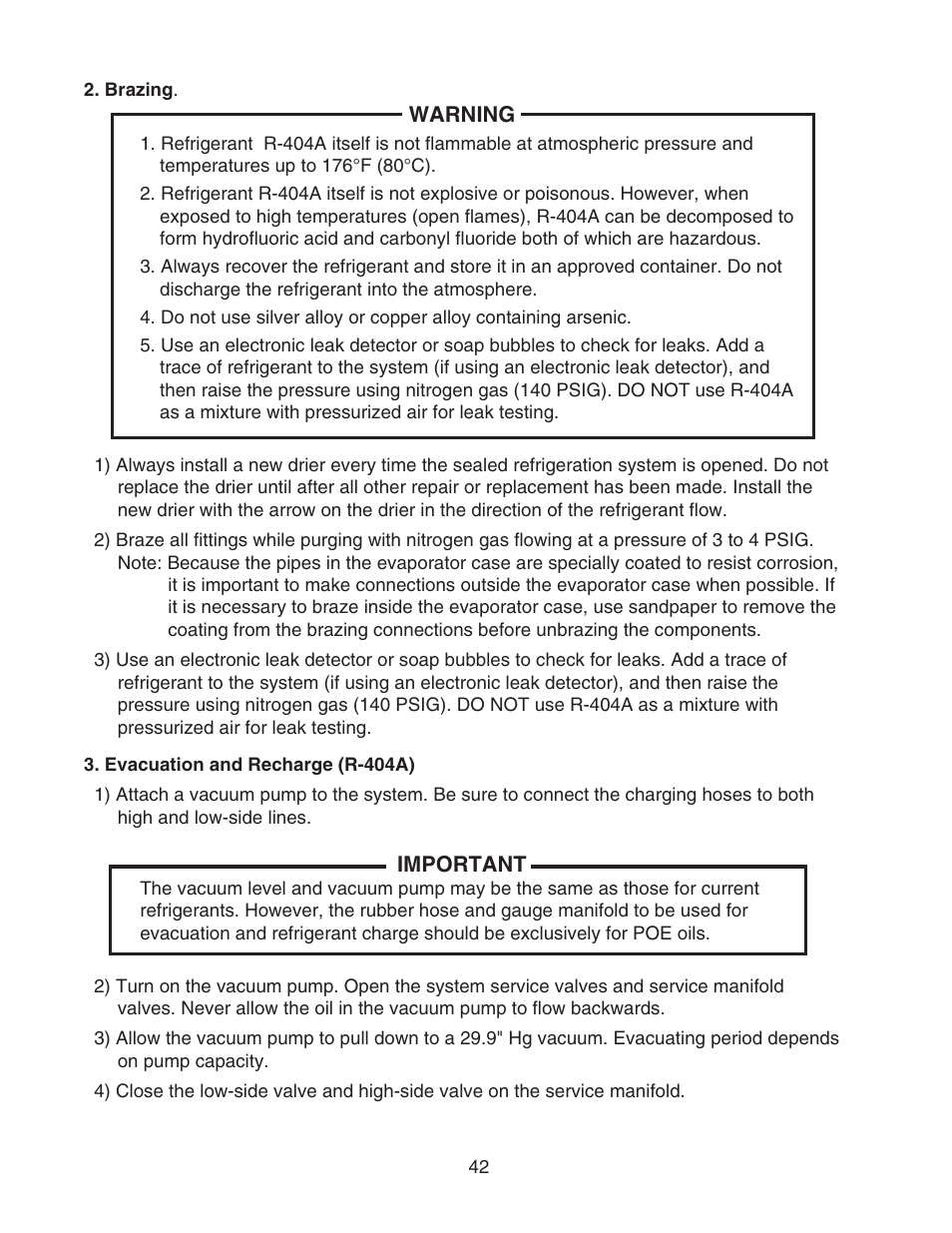 Brazing  3. evacuation and recharge (r-404a) | Hoshizaki KMS-1400MLH User Manual | Page 42 / 56