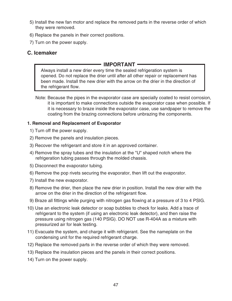 C. icemaker, Removal and replacement of evaporator | Hoshizaki KMS-1400MLH User Manual | Page 47 / 56