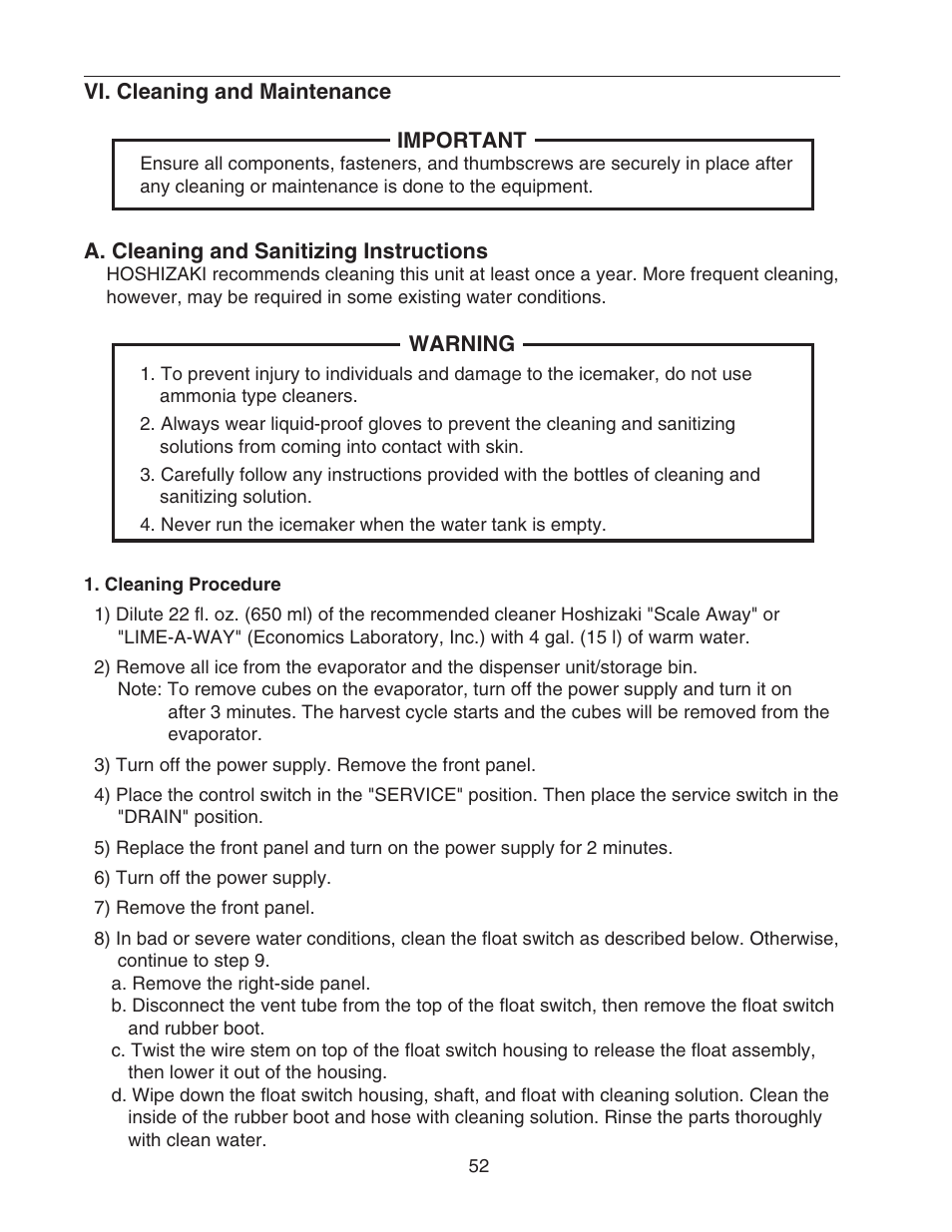 Vi. cleaning and maintenance, A. cleaning and sanitizing instructions, Cleaning procedure | Hoshizaki KMS-1400MLH User Manual | Page 52 / 56