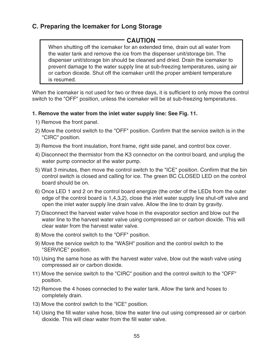 C. preparing the icemaker for long storage | Hoshizaki KMS-1400MLH User Manual | Page 55 / 56