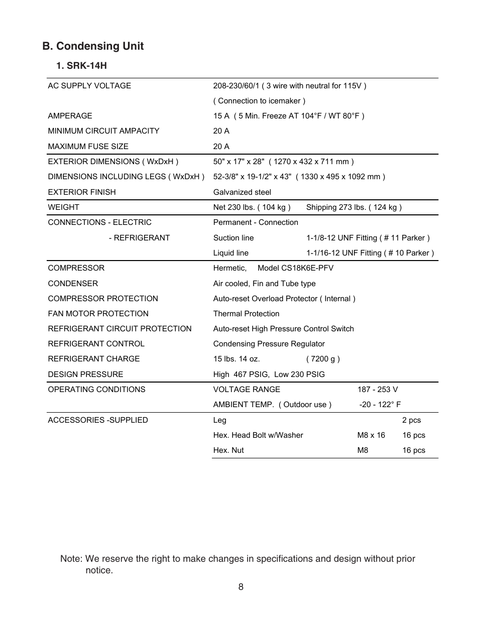 B. condensing unit, Srk-14h | Hoshizaki KMS-1400MLH User Manual | Page 8 / 56