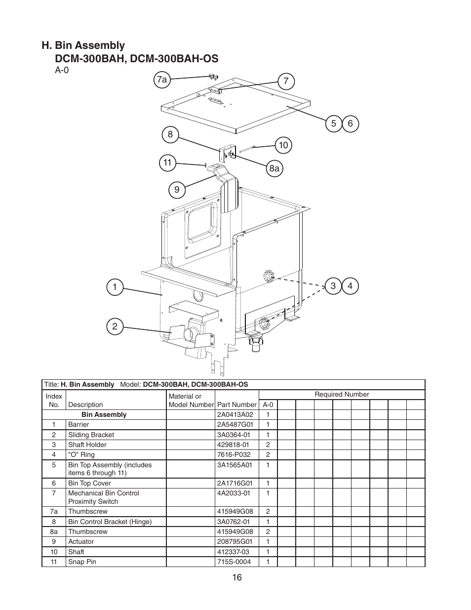 H. bin assembly | Hoshizaki DCM-300BAH User Manual | Page 16 / 18