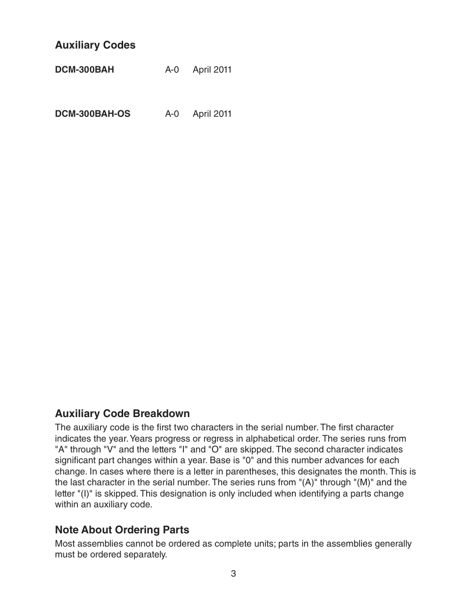 Auxiliary codes, Note about ordering parts, Auxiliary codes note about ordering parts | Hoshizaki DCM-300BAH User Manual | Page 3 / 18