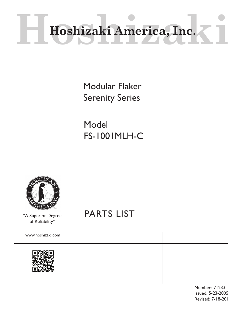 Hoshizaki MODULAR FLAKER SERENITY SERIES FS-1001MLH-C User Manual | 19 pages