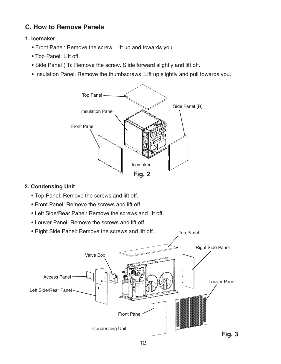 C. how to remove panels, Icemaker, Condensing unit | Icemaker 2. condensing unit, Fig. 3, Fig. 2 | Hoshizaki KMS-1400MLH User Manual | Page 12 / 29