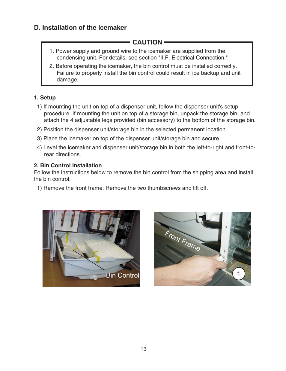 D. installation of the icemaker, Setup, Bin control installation | Setup 2. bin control installation, Front frame 1 | Hoshizaki KMS-1400MLH User Manual | Page 13 / 29