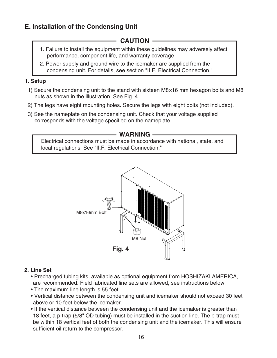 E. installation of the condensing unit, Setup, Line set | Setup 2. line set | Hoshizaki KMS-1400MLH User Manual | Page 16 / 29