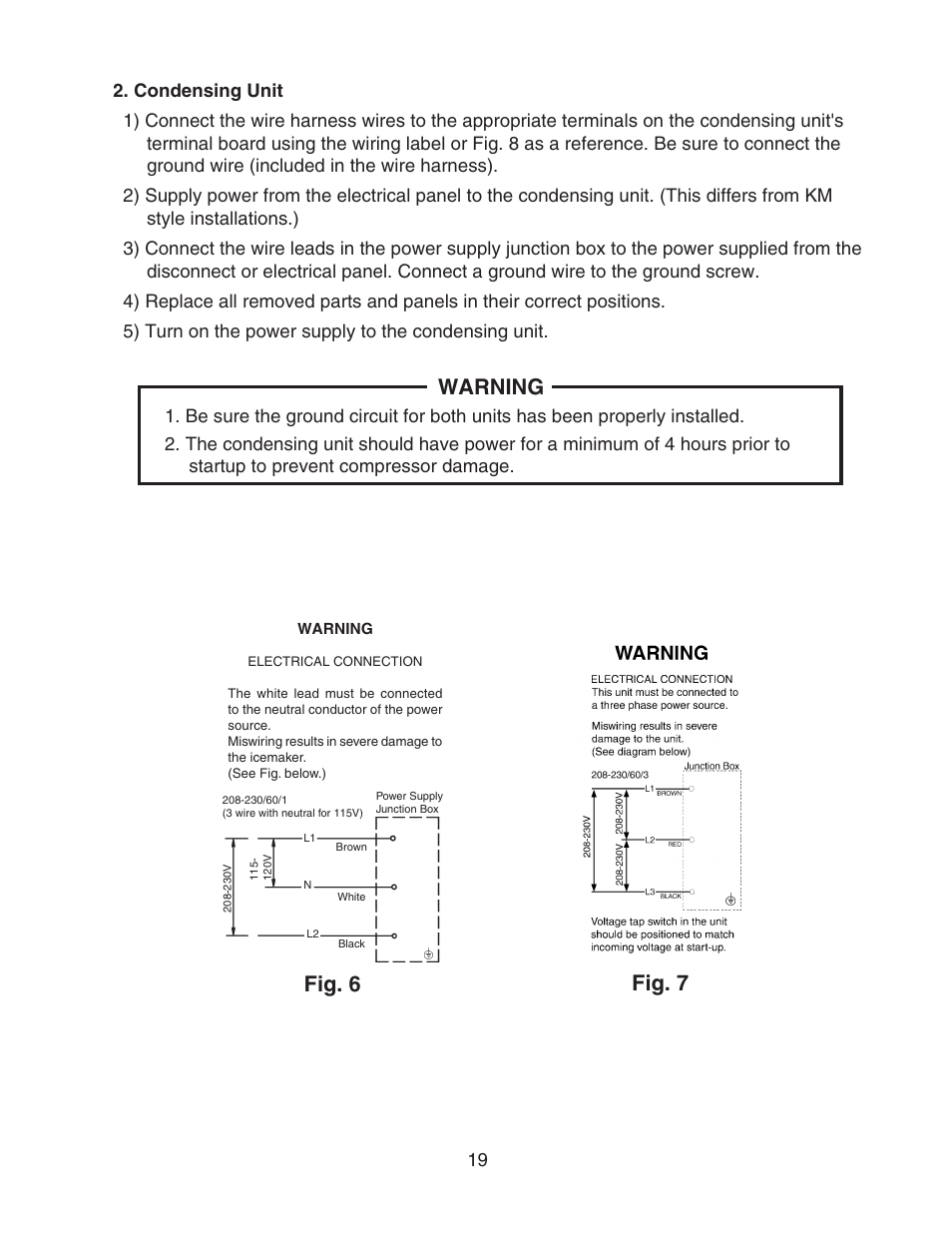 Condensing unit, Warning, Fig. 6 | Fig. 7 | Hoshizaki KMS-1400MLH User Manual | Page 19 / 29