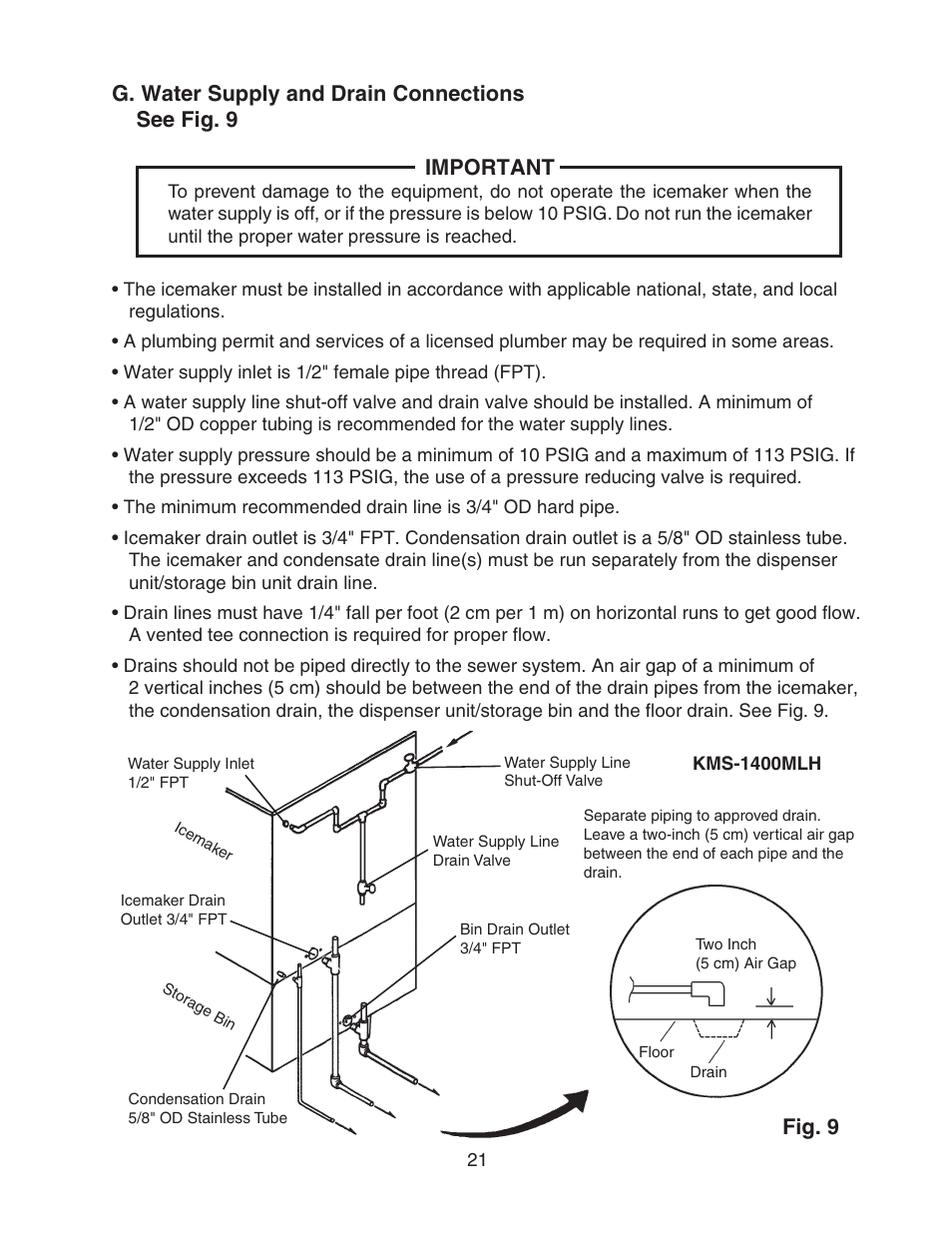 G. water supply and drain connections, Fig. 9 | Hoshizaki KMS-1400MLH User Manual | Page 21 / 29