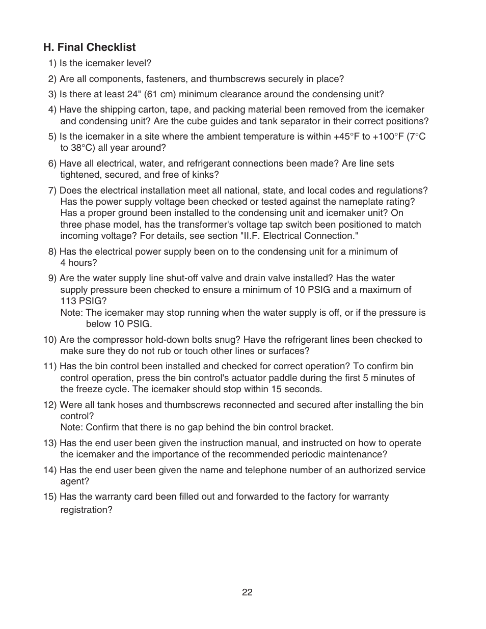 H. final checklist | Hoshizaki KMS-1400MLH User Manual | Page 22 / 29