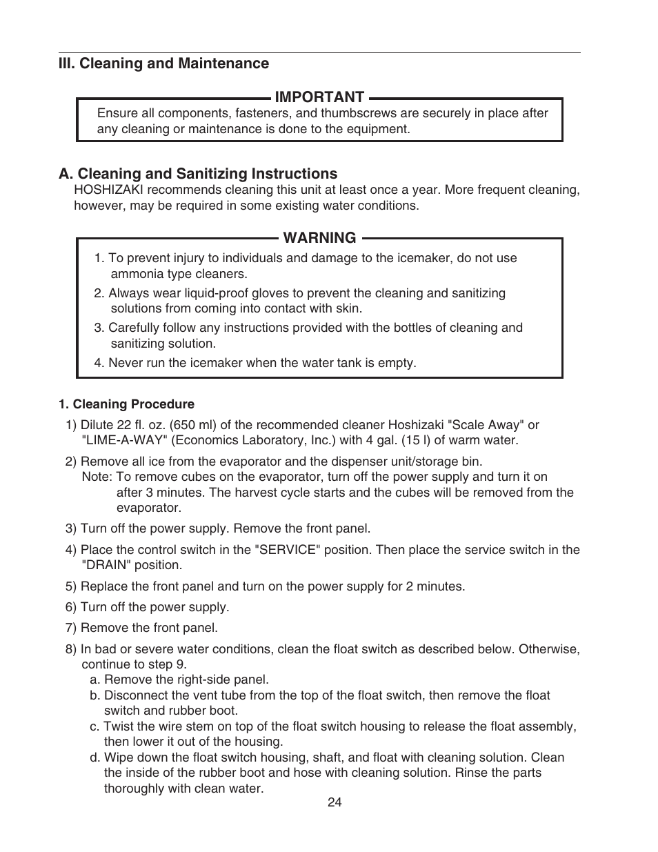 Iii. cleaning and maintenance, A. cleaning and sanitizing instructions, Cleaning procedure | Hoshizaki KMS-1400MLH User Manual | Page 24 / 29