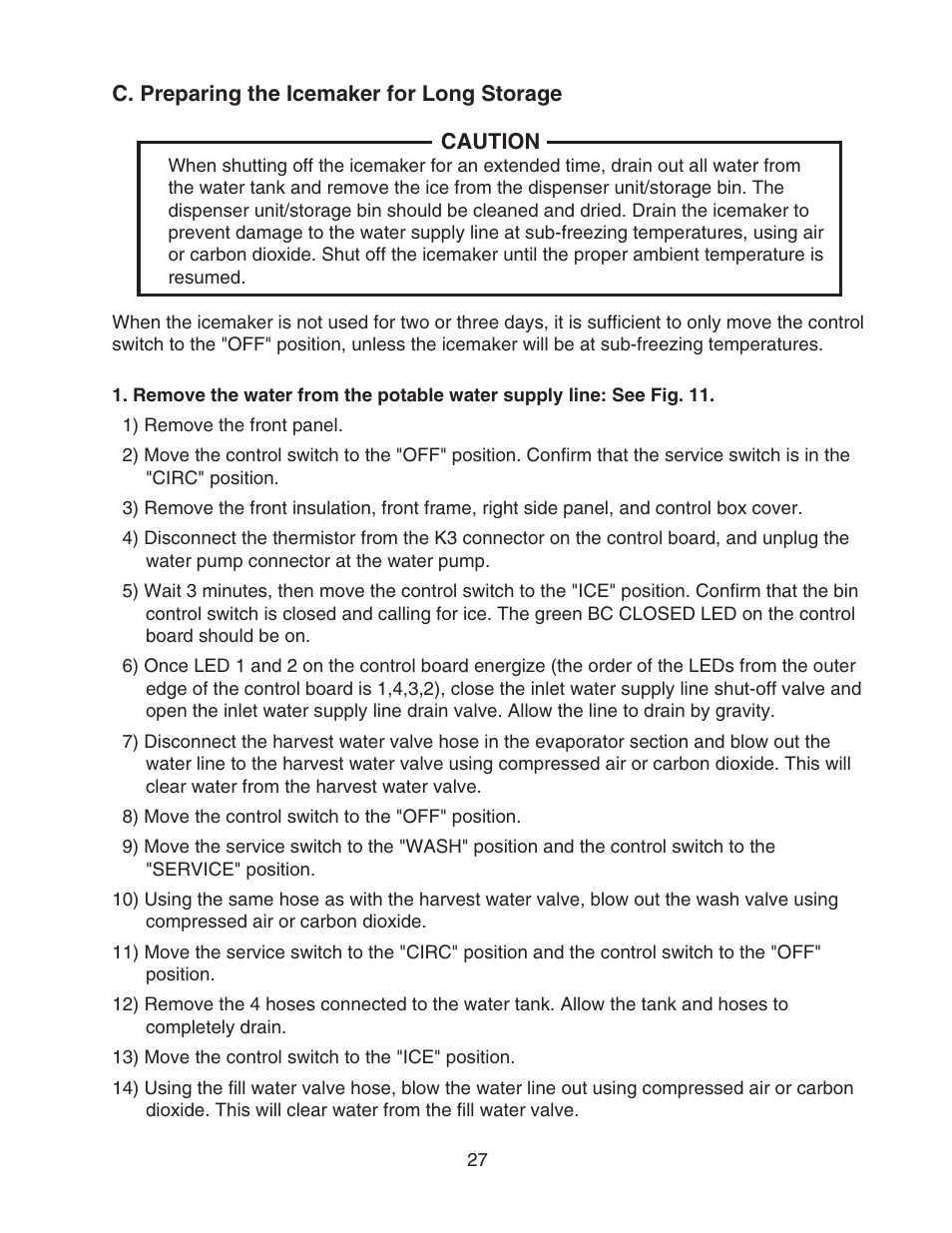 C. preparing the icemaker for long storage | Hoshizaki KMS-1400MLH User Manual | Page 27 / 29