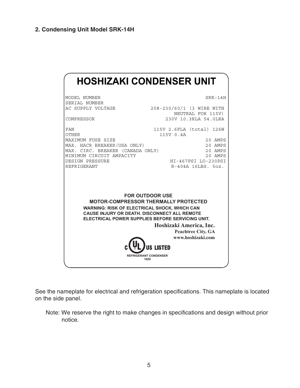 Condensing unit model srk-14h | Hoshizaki KMS-1400MLH User Manual | Page 5 / 29