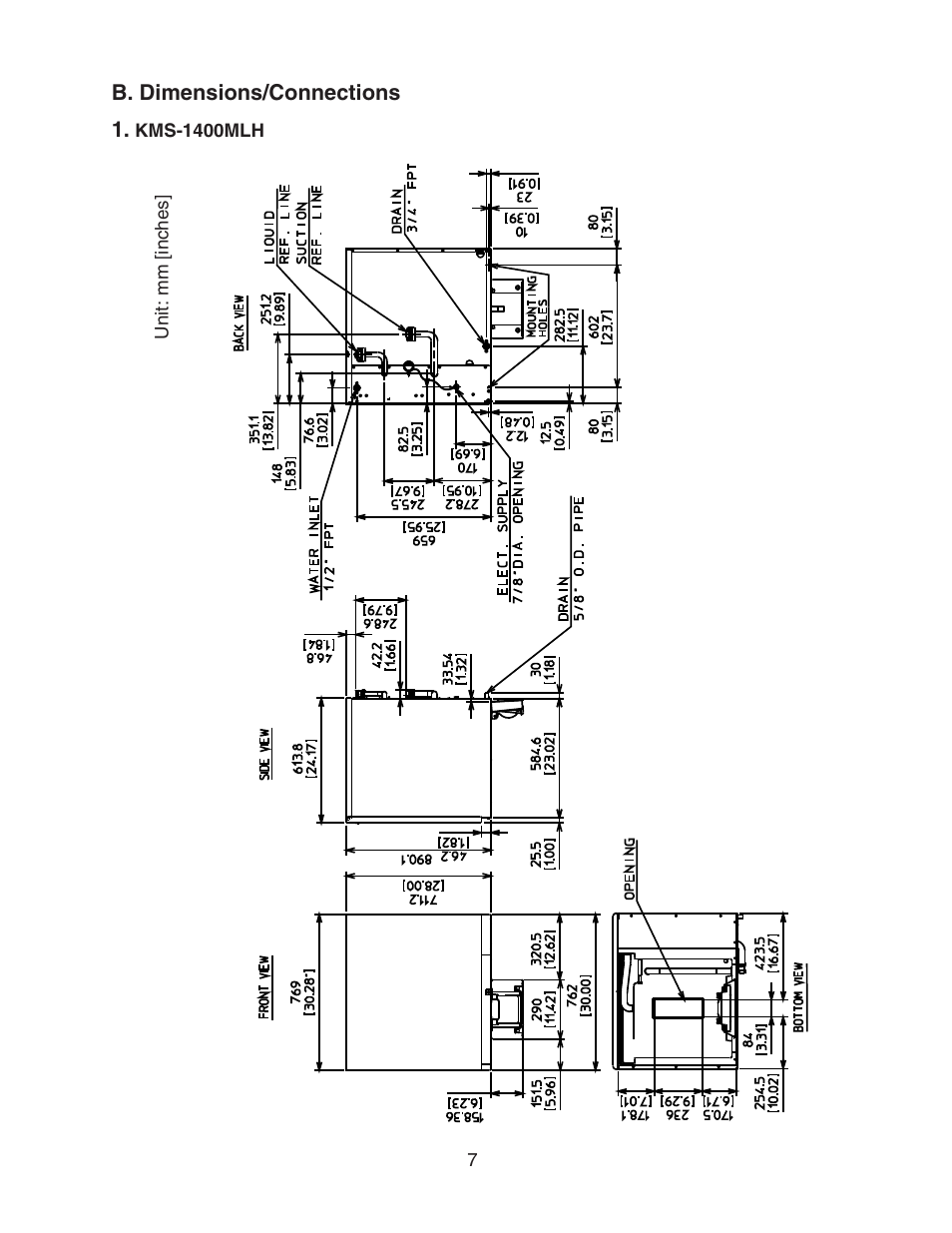 B. dimensions/connections, Kms-1400mlh | Hoshizaki KMS-1400MLH User Manual | Page 7 / 29