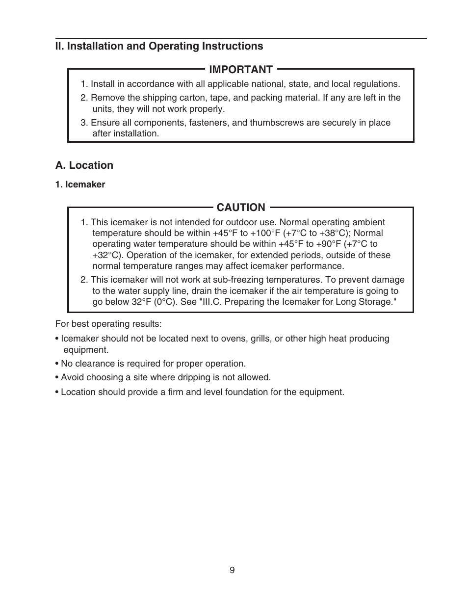 Ii. installation and operating instructions, A. location, Icemaker | Hoshizaki KMS-1400MLH User Manual | Page 9 / 29