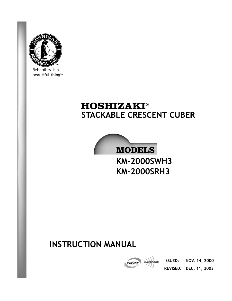 Hoshizaki STACKABLE CRESCENT CUBER KM-2000SRH3 User Manual | 29 pages