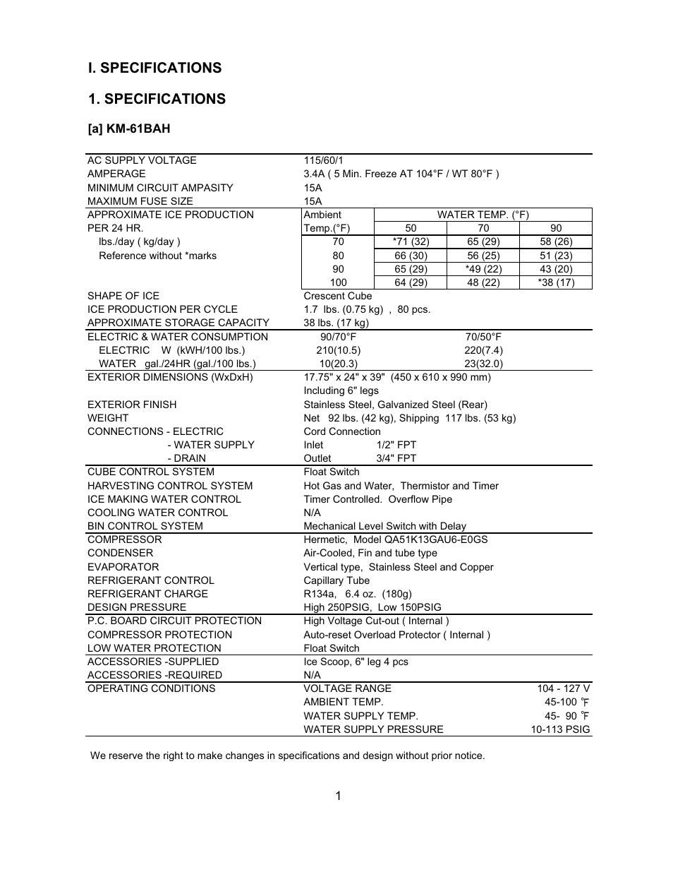 I. specifications 1. specifications | Hoshizaki KM-151BAH User Manual | Page 6 / 74