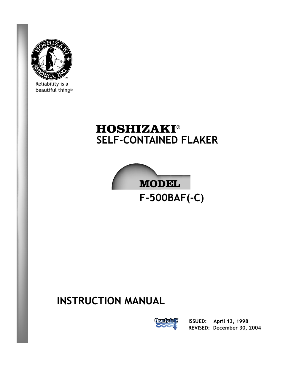 Hoshizaki SELF-CONTAINED FLAKER F-500BAF(-C) User Manual | 19 pages