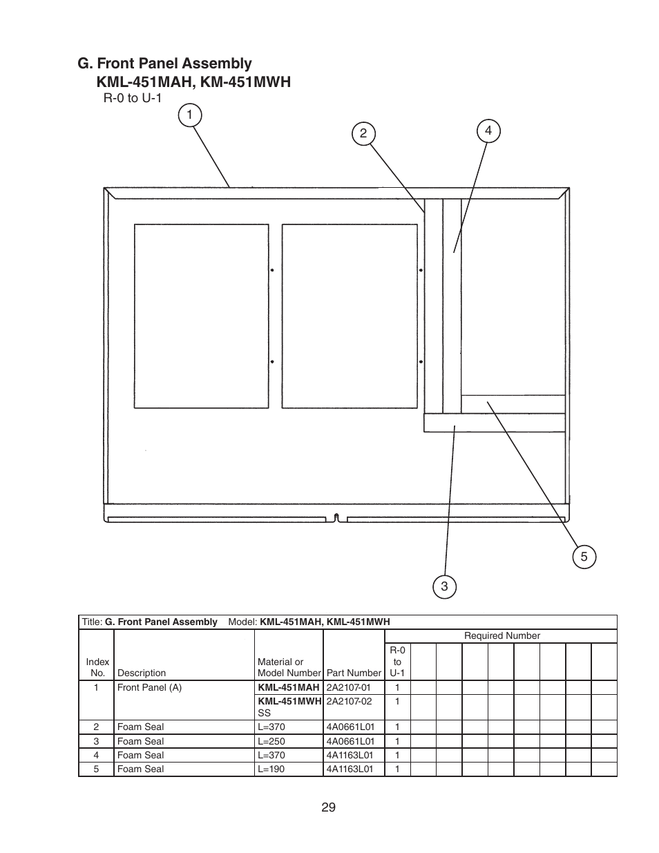 G. front panel assembly | Hoshizaki KML-451MAH User Manual | Page 29 / 30