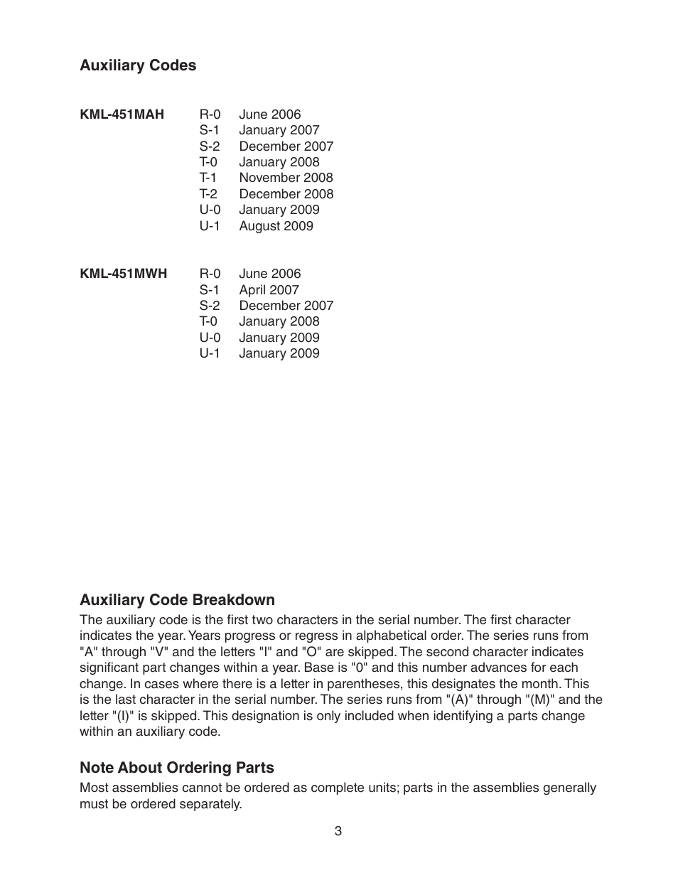 Auxiliary codes, Note about ordering parts, Auxiliary codes note about ordering parts | Hoshizaki KML-451MAH User Manual | Page 3 / 30
