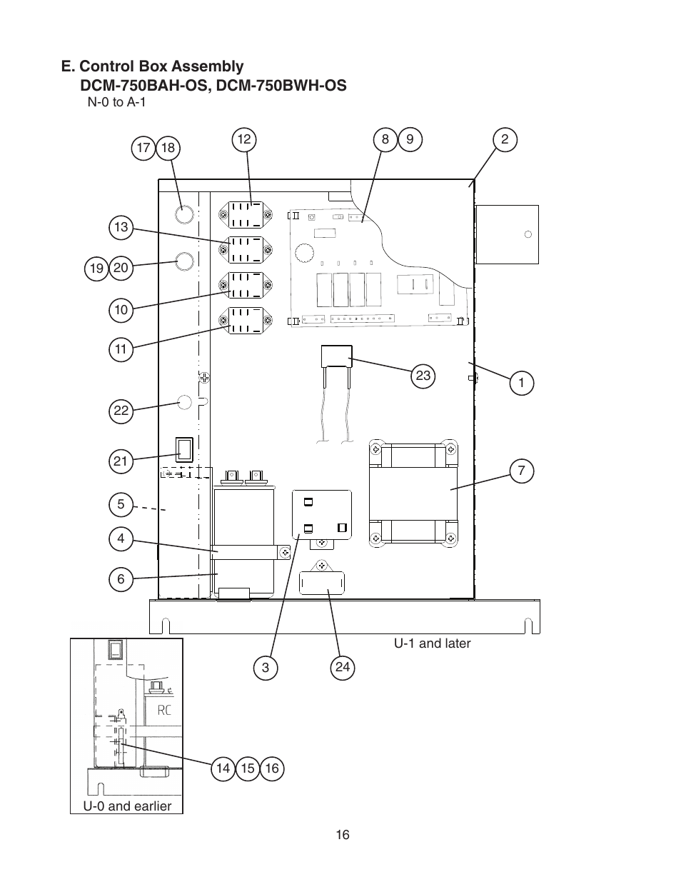 E. control box assembly | Hoshizaki DCM-750BWH(-OS) User Manual | Page 16 / 26