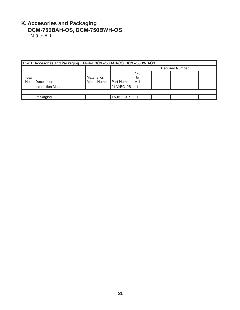 K. accesories and packaging | Hoshizaki DCM-750BWH(-OS) User Manual | Page 26 / 26