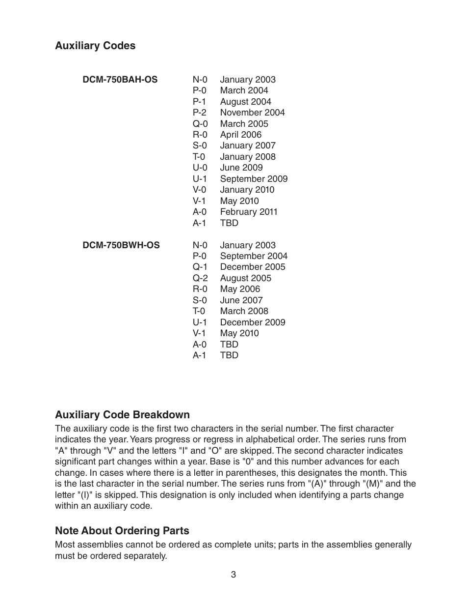 Auxiliary codes, Note about ordering parts, Auxiliary codes note about ordering parts | Hoshizaki DCM-750BWH(-OS) User Manual | Page 3 / 26