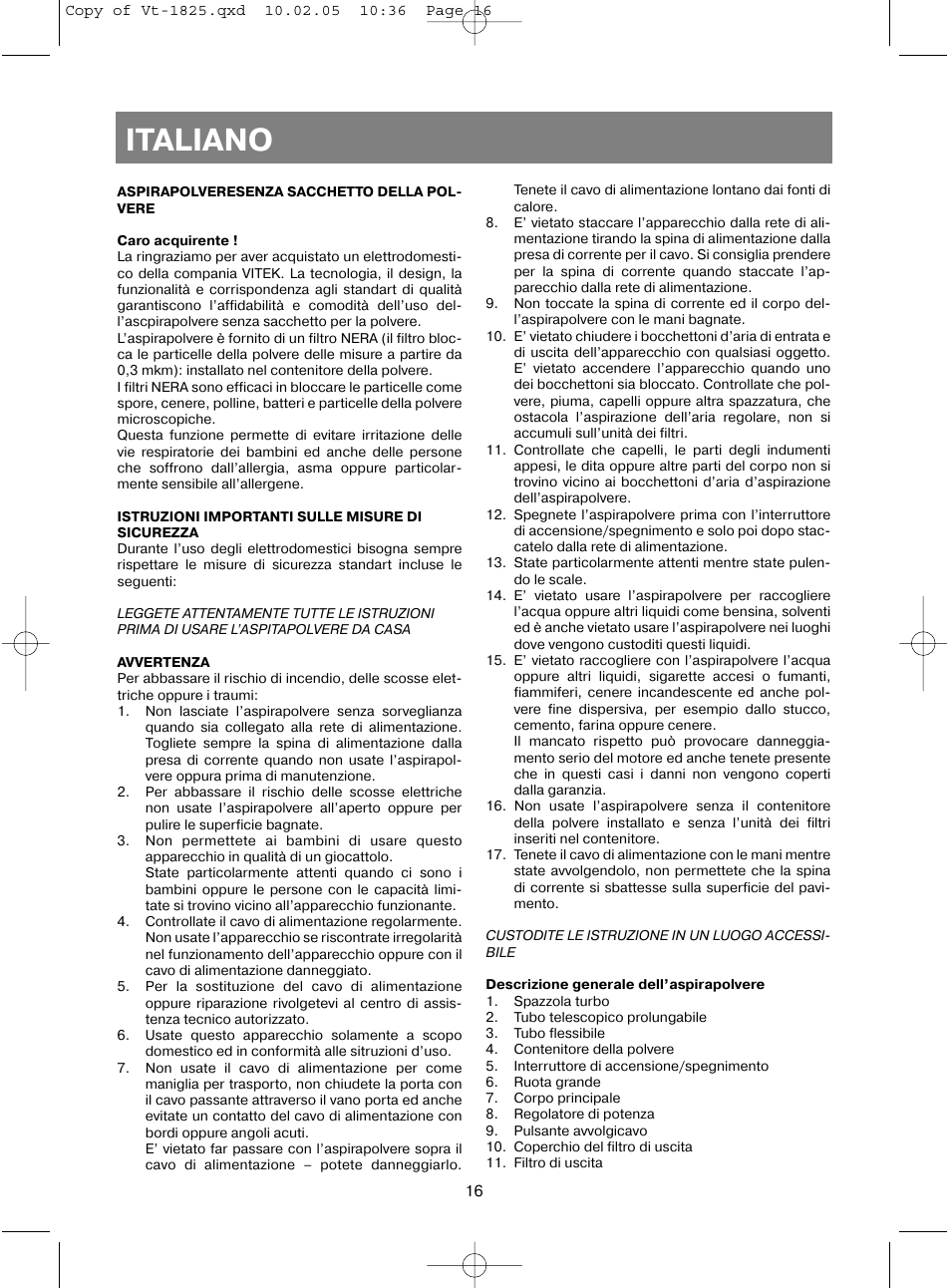 Italiano | Vitek VT-1825 R User Manual | Page 16 / 44