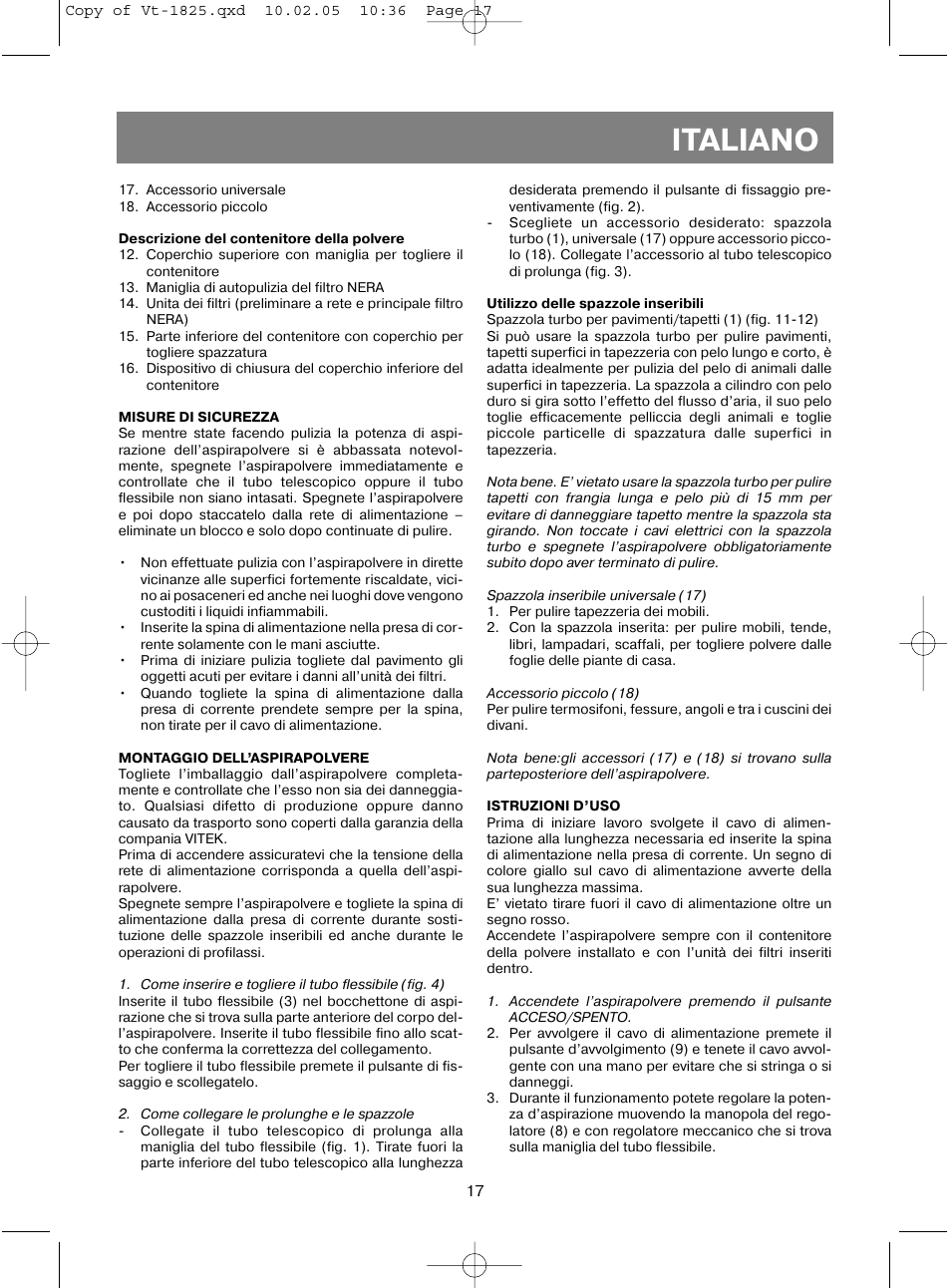 Italiano | Vitek VT-1825 R User Manual | Page 17 / 44