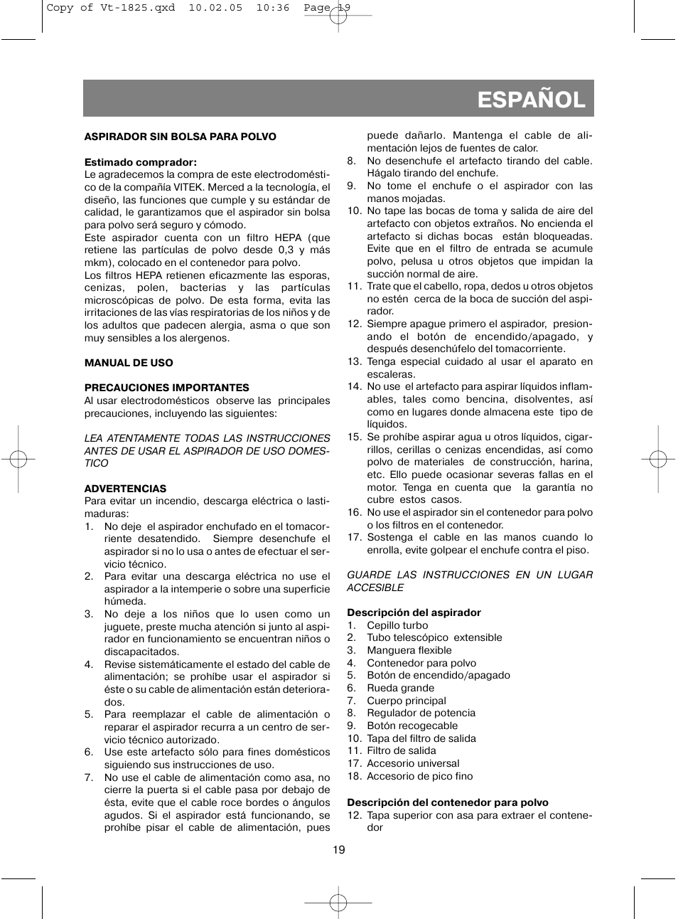 Español | Vitek VT-1825 R User Manual | Page 19 / 44