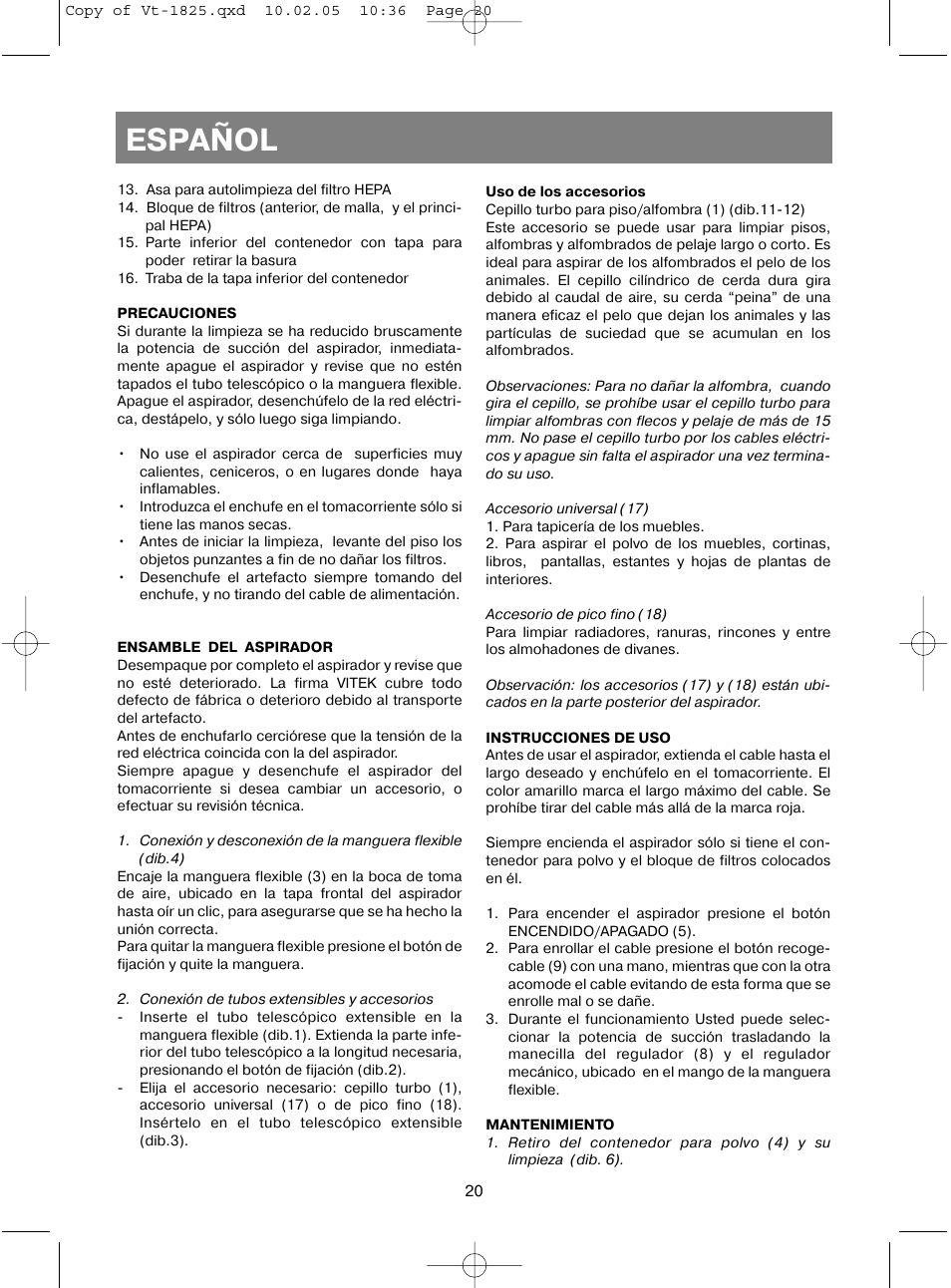 Español | Vitek VT-1825 R User Manual | Page 20 / 44