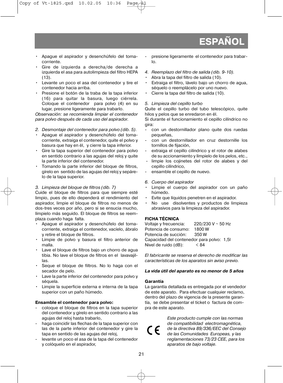 Español | Vitek VT-1825 R User Manual | Page 21 / 44