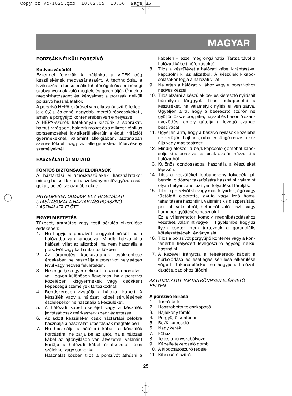 Magyar | Vitek VT-1825 R User Manual | Page 25 / 44