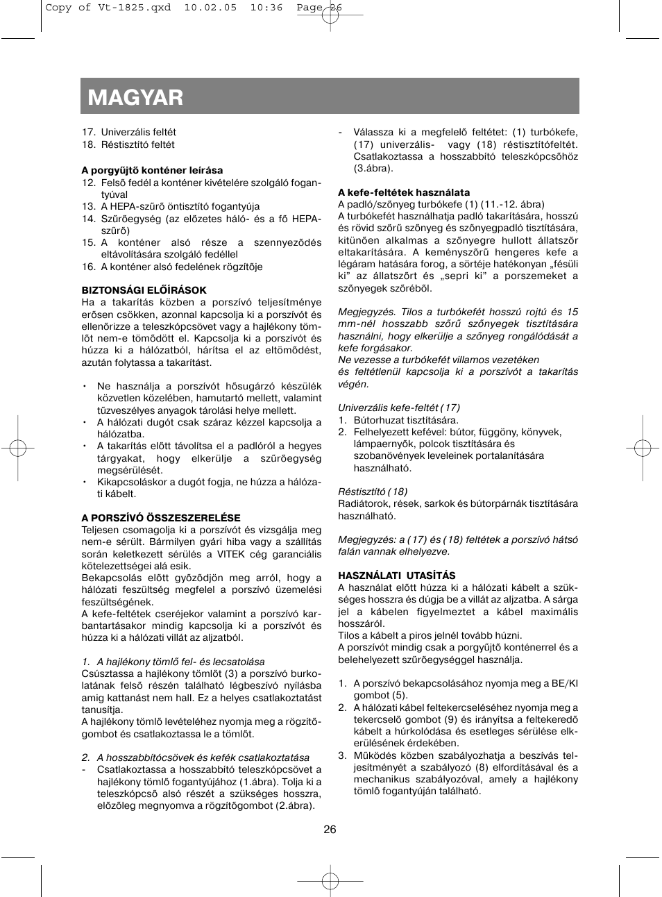 Magyar | Vitek VT-1825 R User Manual | Page 26 / 44