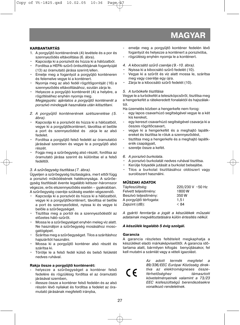 Magyar | Vitek VT-1825 R User Manual | Page 27 / 44