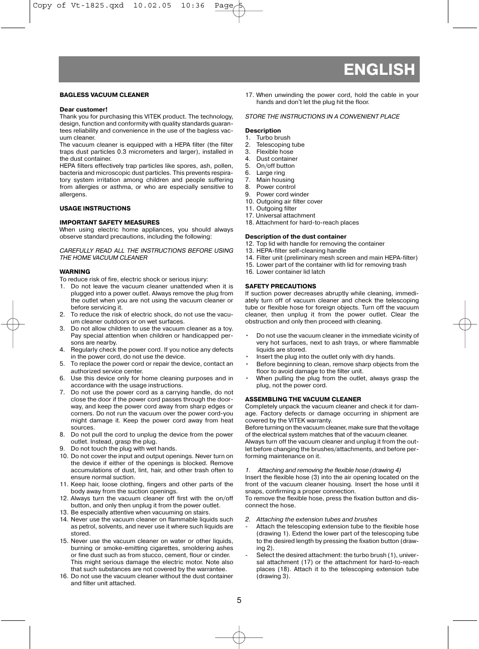 English | Vitek VT-1825 R User Manual | Page 5 / 44