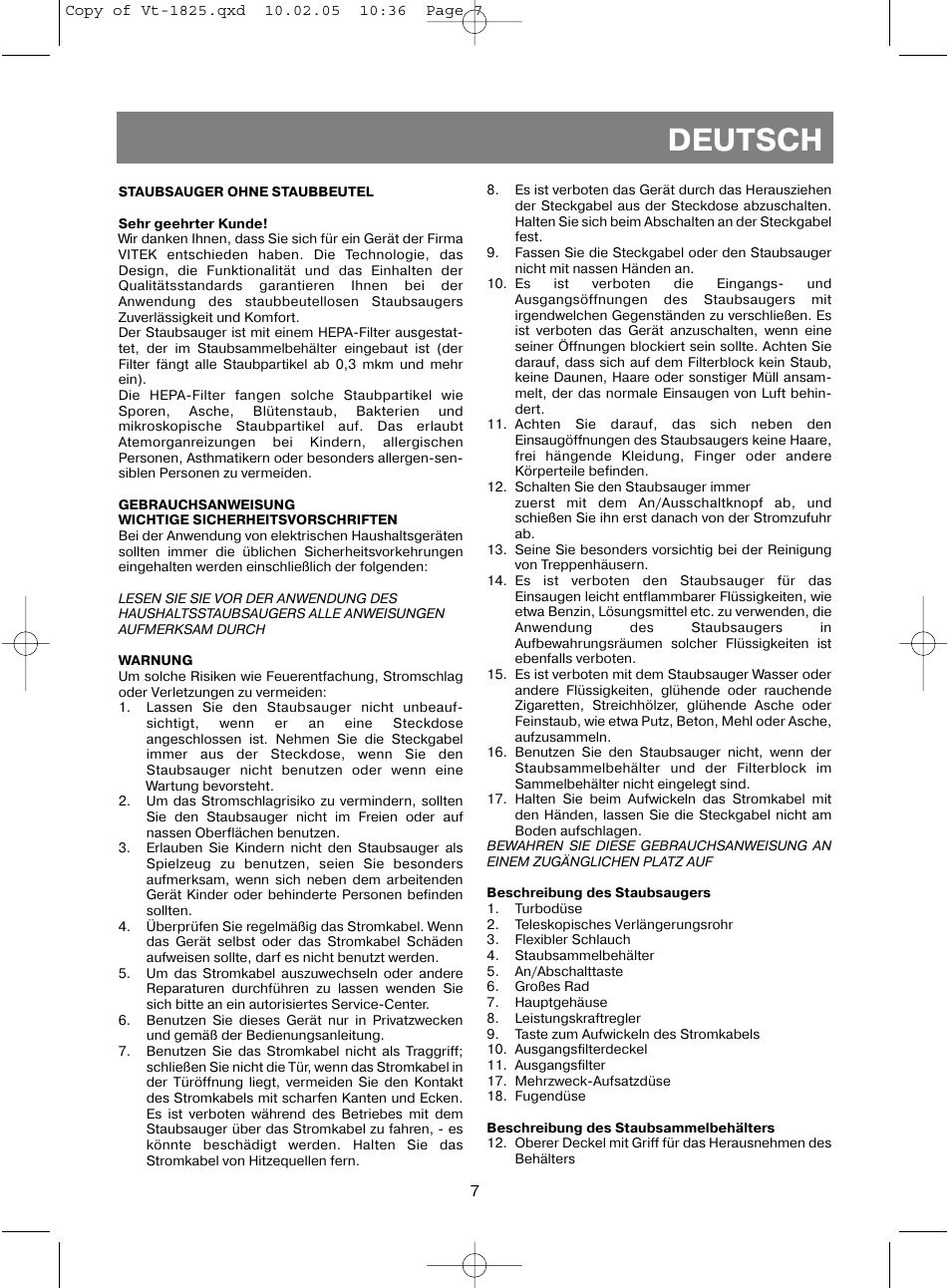 Deutsch | Vitek VT-1825 R User Manual | Page 7 / 44