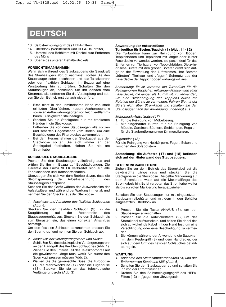 Deutsch | Vitek VT-1825 R User Manual | Page 8 / 44