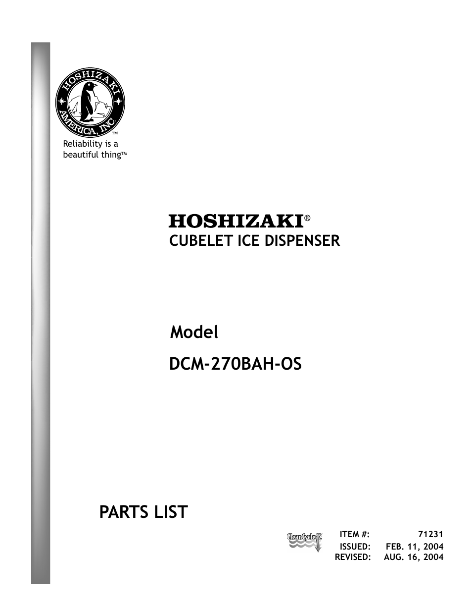 Hoshizaki CUBELET DCM-270BAH-OS User Manual | 26 pages