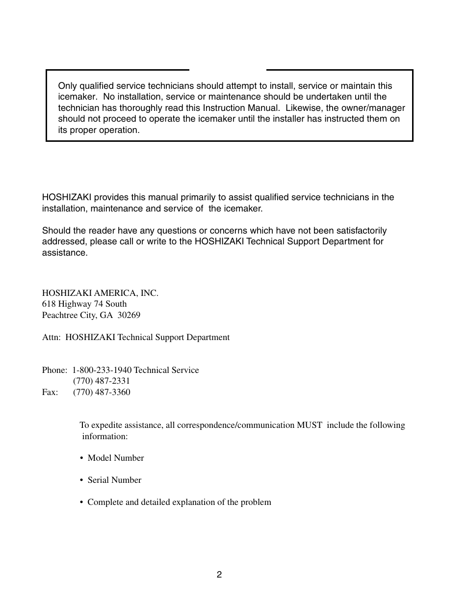 Important | Hoshizaki MODULAR CRESCENT CUBER KML-450MAH User Manual | Page 2 / 22