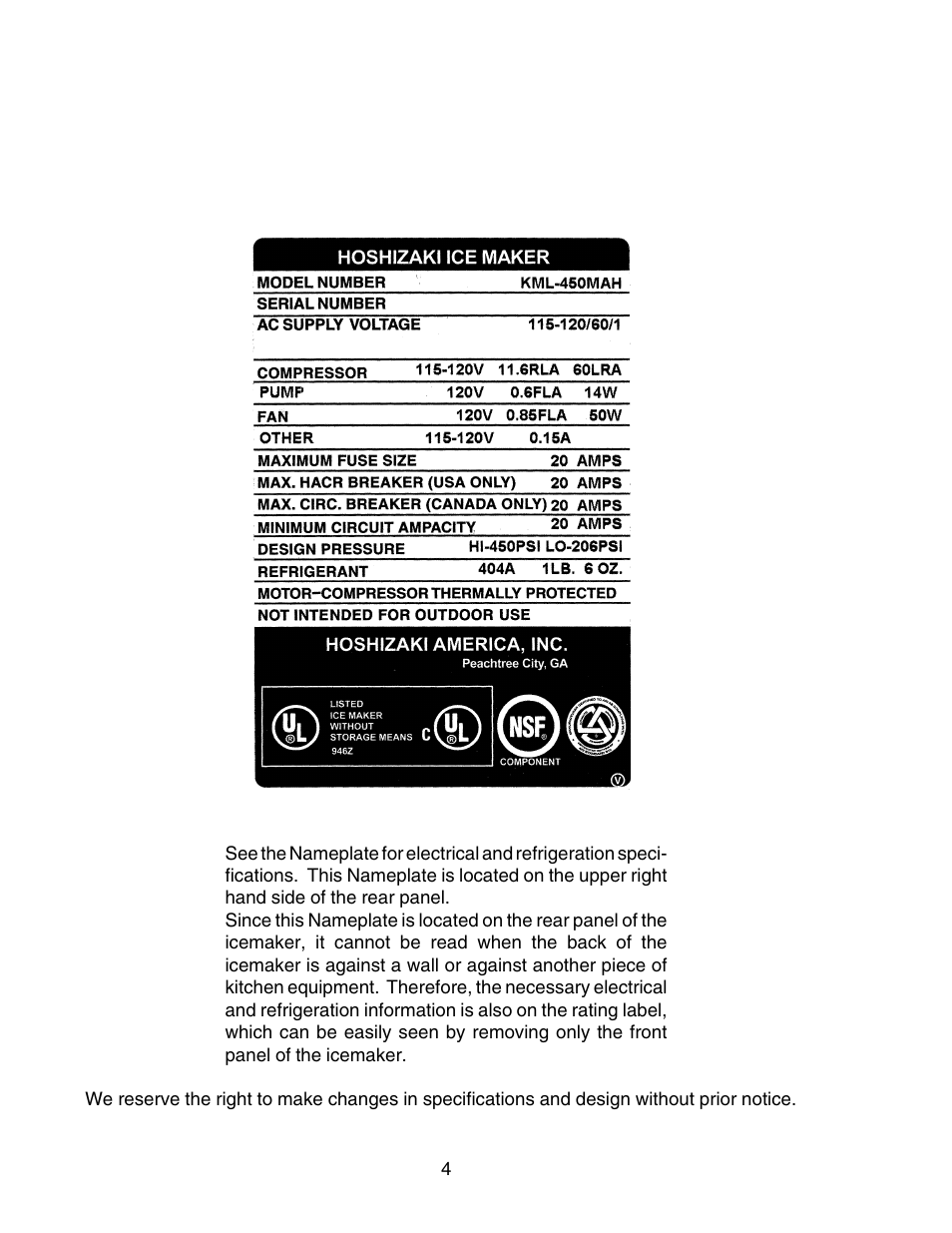 Hoshizaki MODULAR CRESCENT CUBER KML-450MAH User Manual | Page 4 / 22