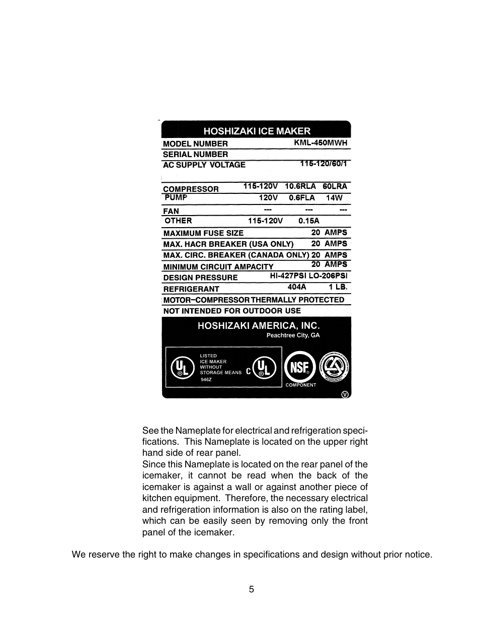 Hoshizaki MODULAR CRESCENT CUBER KML-450MAH User Manual | Page 5 / 22