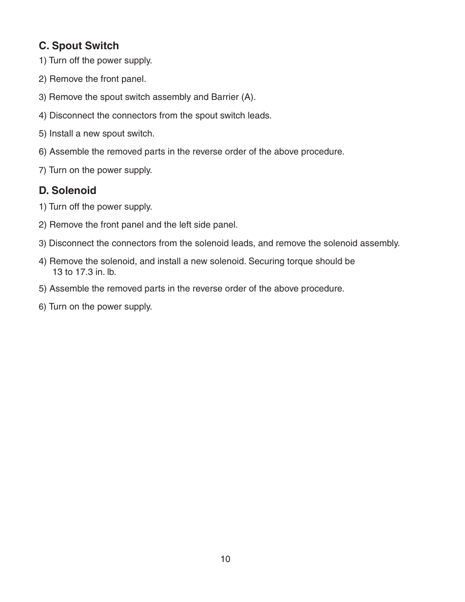 C. spout switch, D. solenoid, C. spout switch d. solenoid | Hoshizaki DB-130H User Manual | Page 10 / 13