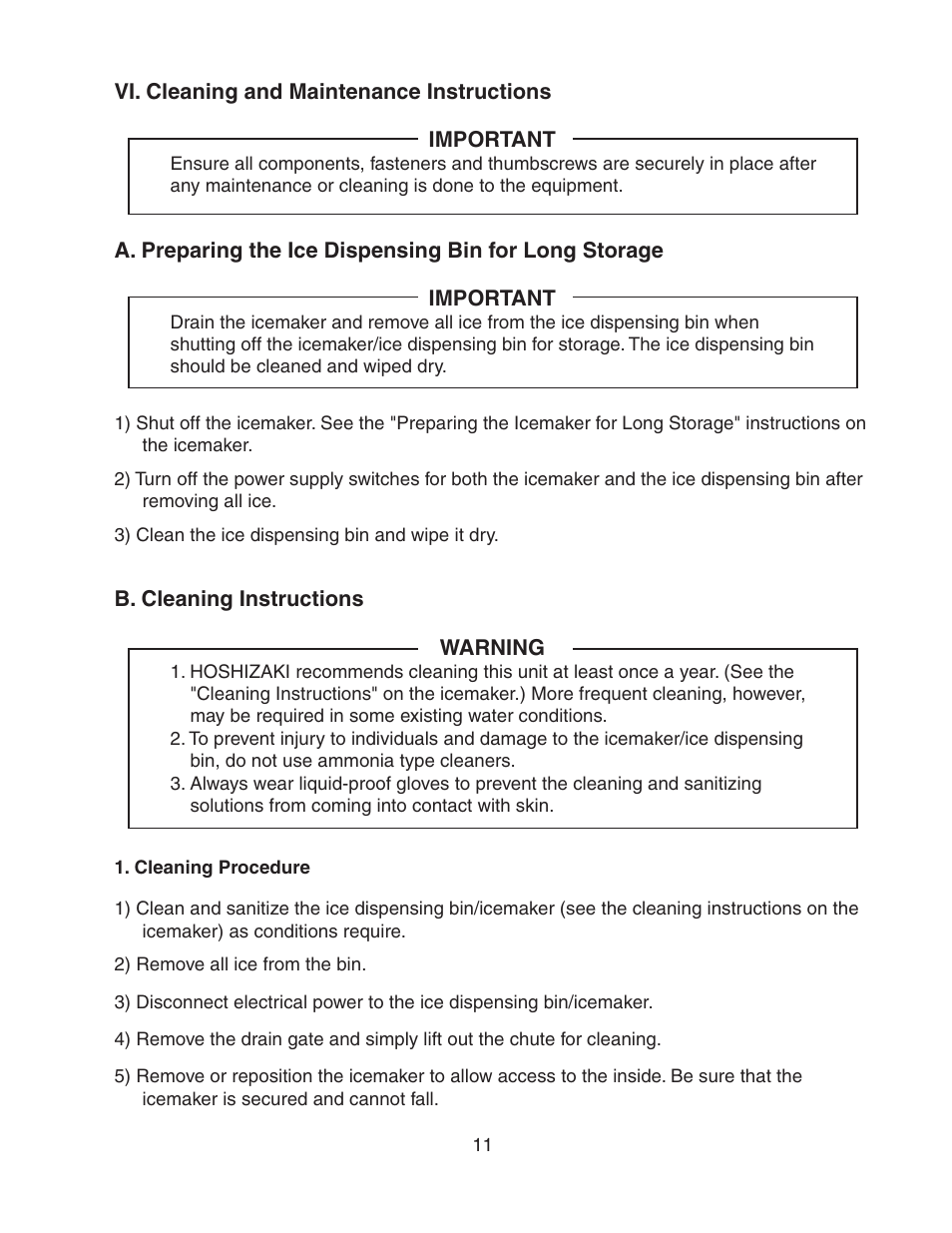 Vi. cleaning and maintenance instructions, B. cleaning instructions, Cleaning procedure | Hoshizaki DB-130H User Manual | Page 11 / 13