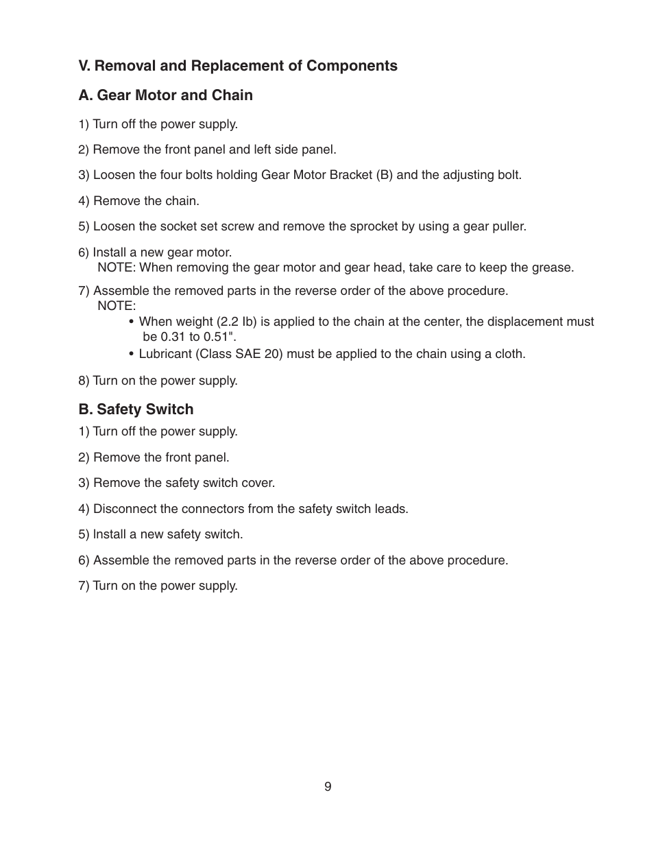 V. removal and replacement of components, A. gear motor and chain, B. safety switch | A. gear motor and chain b. safety switch | Hoshizaki DB-130H User Manual | Page 9 / 13
