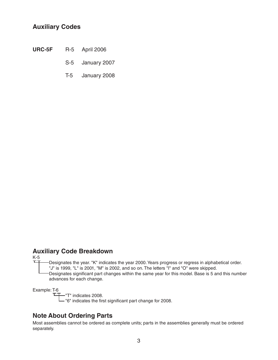 Auxiliary codes, Note about ordering parts, Auxiliary codes note about ordering parts | Auxiliary code breakdown | Hoshizaki REMOTE CONDENSER UNIT URC-5F User Manual | Page 3 / 8