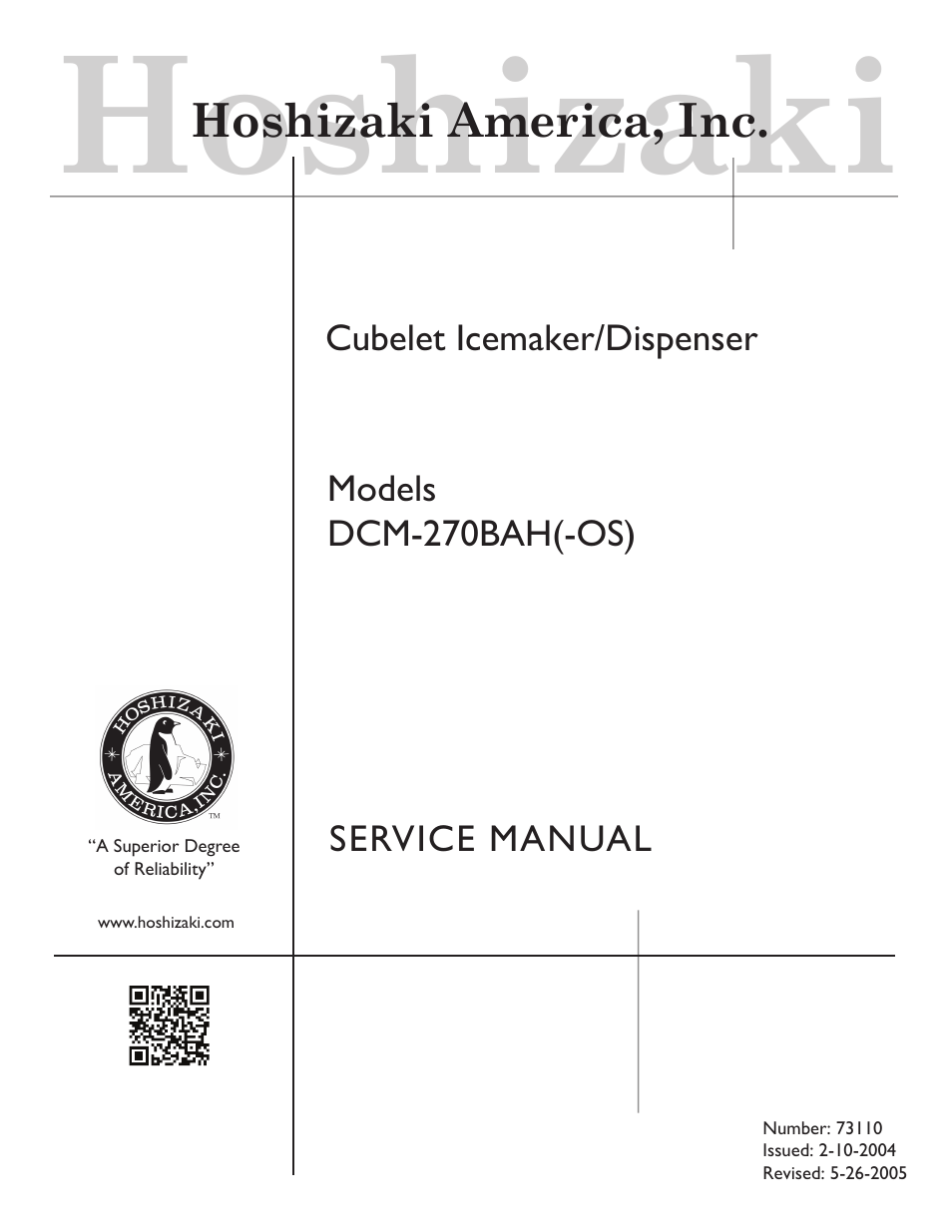 Hoshizaki RELIABILITY IS A BEAUTIFUL THING DCM-270BAH-OS User Manual | 46 pages