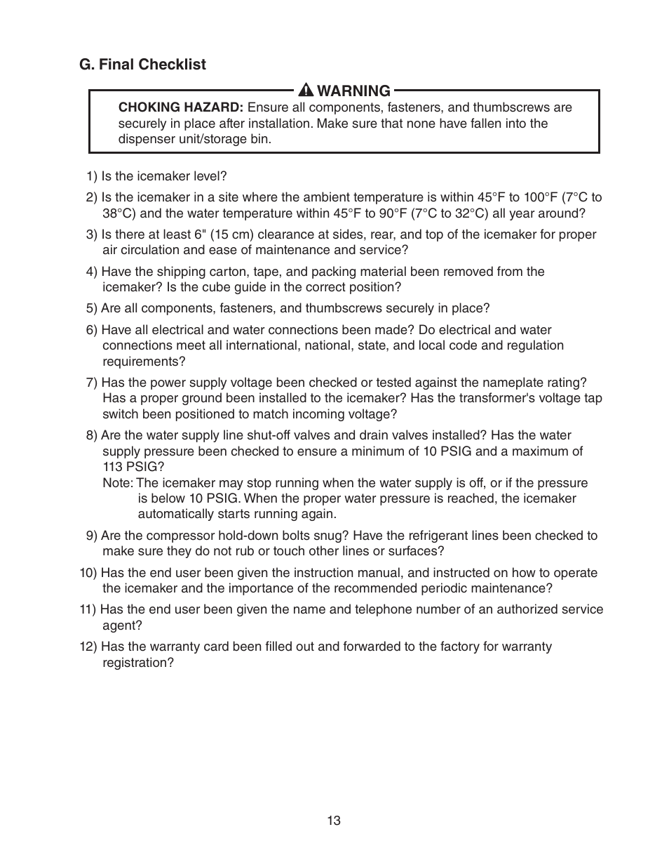 G. final checklist | Hoshizaki KML-700MWH-M User Manual | Page 13 / 20