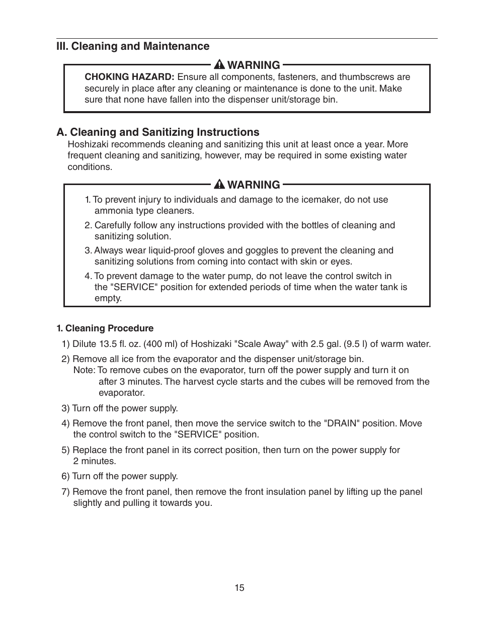 Iii. cleaning and maintenance, A. cleaning and sanitizing instructions, Cleaning procedure | Hoshizaki KML-700MWH-M User Manual | Page 15 / 20
